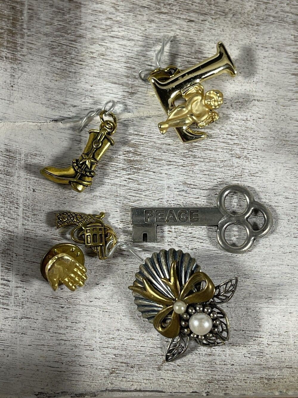 Vintage Mixed Lot Estate Jewelry Charms Pins - 7-Piece Western, Key, Cherub,